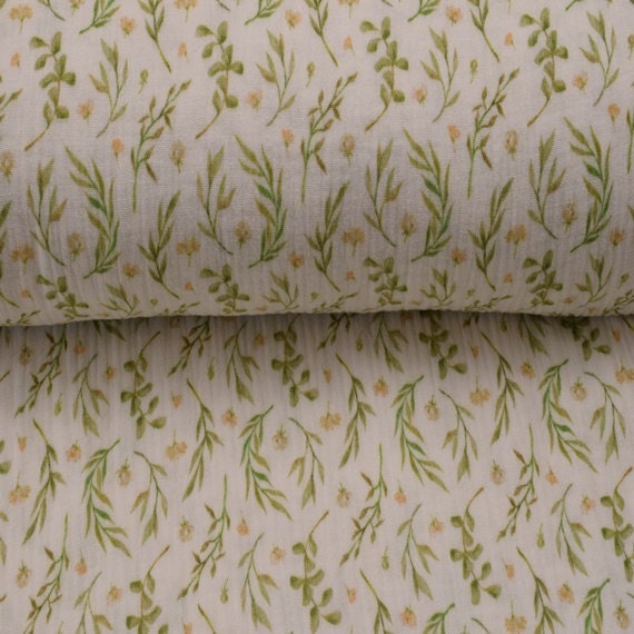 Baumwoll Musselin Stoff Druck Sträucher Blumen grün natur
