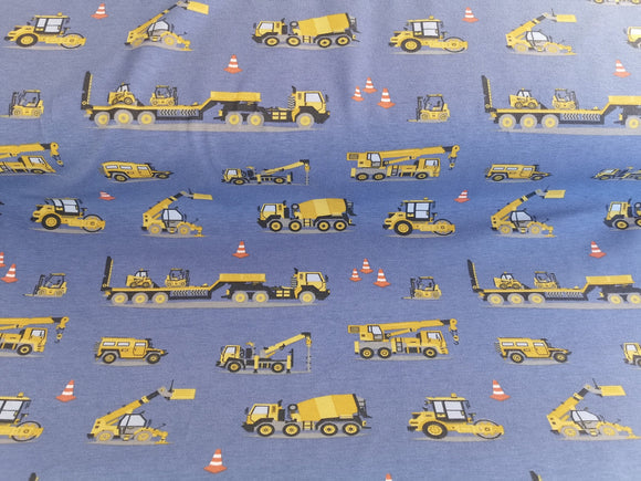 Baumwolljersey Druck gelbe Baustellenfahrzeuge auf blauem Hintergrund
