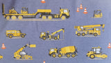 Baumwolljersey Druck gelbe Baustellenfahrzeuge auf blauem Hintergrund