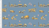 Baumwolljersey Druck gelbe Baustellenfahrzeuge auf blauem Hintergrund