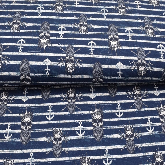French Terry Stoff - King of the deep, Piraten maritim dunkelblau | KATINOH