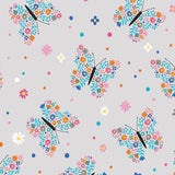 Baumwolljersey Stoff Druck hellgrau "colorfull Flowers Butterfly" Schmetterling mit Blumen