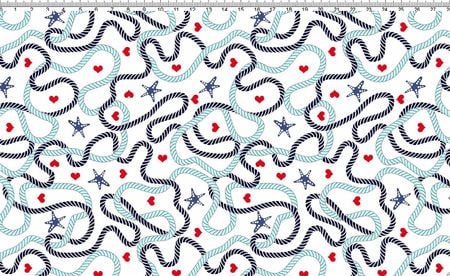 Baumwolljersey Stoff Schiffstaue weiß mit roten Herzen und blauen Seesternen