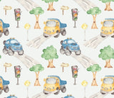 Baumwolljersey Druck Straßenverkehr mit Lastern, Autos und Ampeln, auf weißem Hintergrund | Fräulein von Julie