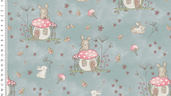 Reststück: Baumwolljersey Digital Druck Stoff - Herbstwald mit Kaninchen und Pilz Haus; ca. 1,4m