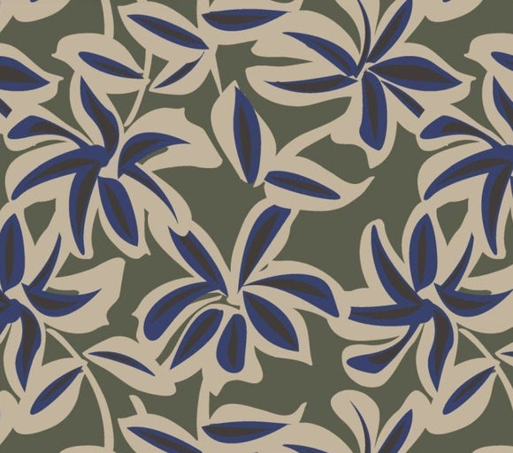 French Terry Stoff blaue Blumen auf olivgrünem Hintergrund | Fräulein von Julie