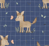 Baumwolljersey Druck kleiner Esel mit Schmetterling, auf blauem Hintergrund mit Karos | Fräulein von Julie