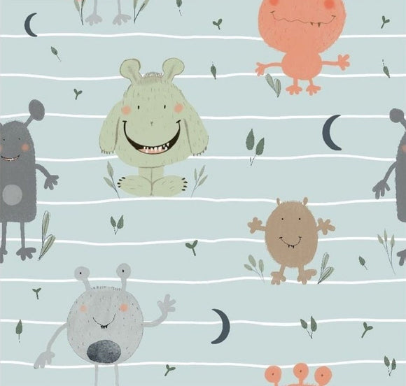 Reststücke: Baumwolljersey Druck kleine freundliche Monster, mint mit Streifen | Fräulein von Julie; ca. 0,5m + 0,25m