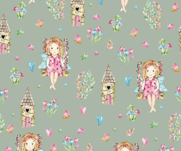 Baumwolljersey Druck Schmetterlings Elfe mit Elfenhaus, auf alt grünem Hintergrund | Fräulein von Julie