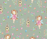 Baumwolljersey Druck Schmetterlings Elfe mit Elfenhaus, auf alt grünem Hintergrund | Fräulein von Julie