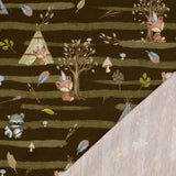 Baumwolljersey Indianer Waldtiere Waschbär, Bär, Fuchs mit Zelten und Bäumen grün/braun gestreift