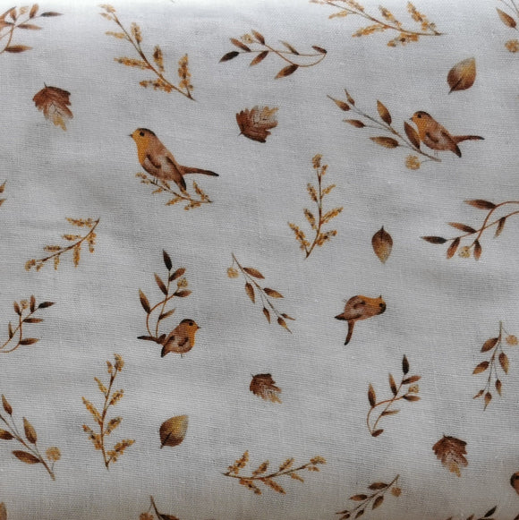 Reststück: Baumwoll Musselin Stoff Druck -Zweige, Blätter & Vögel- weiß/braun; ca. 0,5m