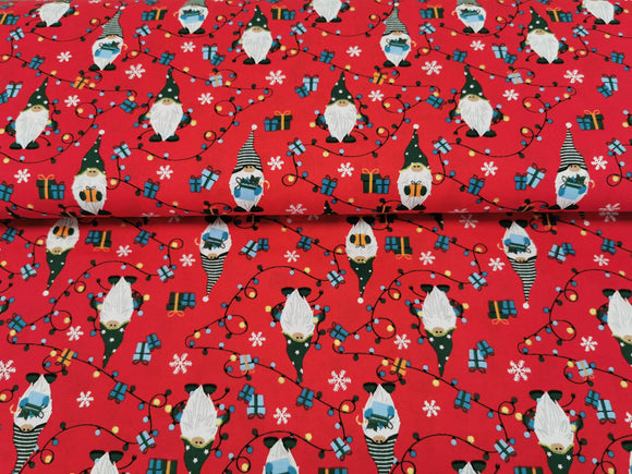 Reststück: Baumwoll Stoff Wichtel Weihnachten Geschenk Lichterkette grün rot; ca. 0,5m