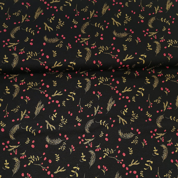 Zuschnitte: schwarzer weihnachtlicher Bio Jersey Stoff mit rot goldenen Applikationen Blättern Zweigen Früchten, Weihnachten | Lillestoff;