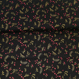 Reststück: schwarzer weihnachtlicher Bio Jersey Stoff mit rot goldenen Applikationen Blättern Zweigen Früchten, Weihnachten; ca. 1,2m