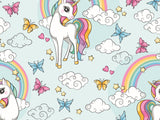 Reststück: Baumwolljersey Stoff  Digital Druck Einhorn Blumen Regenbogen Wolken Schmetterlinge | by Herzberührt; ca. 0,6m