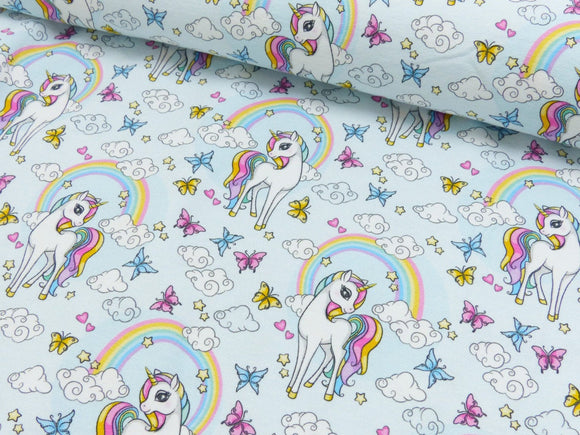 Reststück: Baumwolljersey Stoff  Digital Druck Einhorn Blumen Regenbogen Wolken Schmetterlinge | by Herzberührt; ca. 0,6m