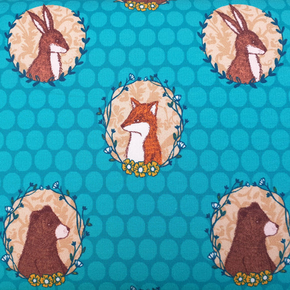 Reststück: French Terry Stoff türkis Fuchs, Hase, Bär; ca. 1,1m