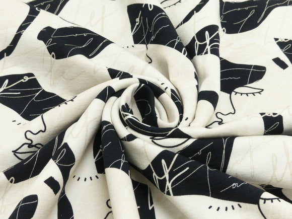 Reststück: French Terry Stoff Facefull - Abstrakte Gesichter - modernes Muster, mit Schriftzug; ca. 0,8m