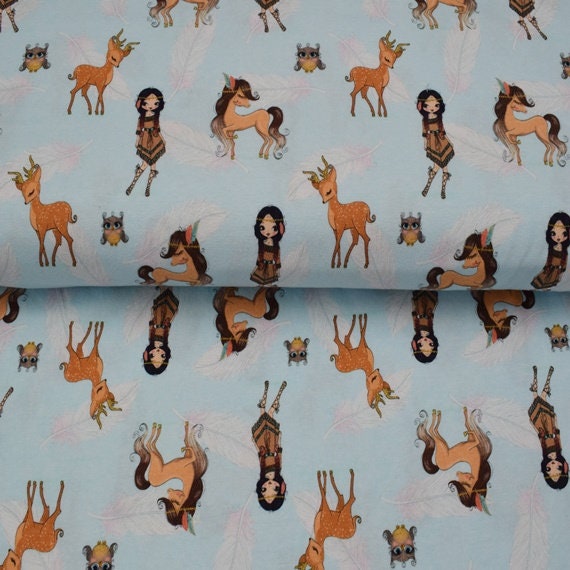 Reststück Jersey Stoff quot;Sweet, wild  freequot; Indianerin Pferd Reh Eule | KATINOH; ca. 0,6m