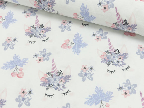 Baumwolljersey Stoff  Digital Druck Einhorn Gesicht Erdbeeren Blüten Blumen auf weiß | by Herzberührt