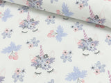 Baumwolljersey Stoff  Digital Druck Einhorn Gesicht Erdbeeren Blüten Blumen auf weiß | by Herzberührt