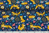 French Terry Stoff Druck orangener Fuchs mit Blüten mit Vögeln, Blüten und Farnen auf marineblauem Hintergrund