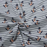 Baumwolljersey Stoff "Dina" Blütenanker, weiß mit lachsfarbenen Blüten, alten Ankern und Streifen