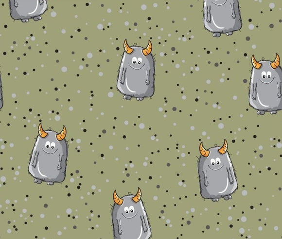 Reststück: Baumwolljersey Druck kleines graues freundliches Monster mit Hörnern | Fräulein von Julie; ca. 1,1m