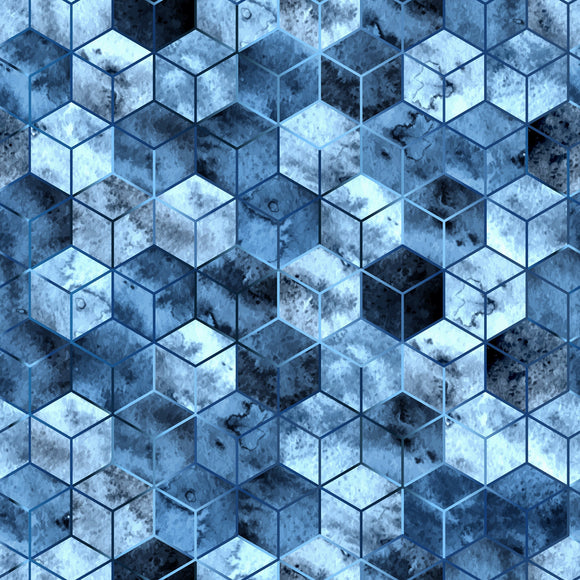 French Terry Stoff blau Würfel - geometrisches Muster | Deluxe Edition
