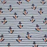 Baumwolljersey Stoff "Dina" Blütenanker, weiß mit lachsfarbenen Blüten, alten Ankern und Streifen