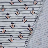 Baumwolljersey Stoff "Dina" Blütenanker, weiß mit lachsfarbenen Blüten, alten Ankern und Streifen