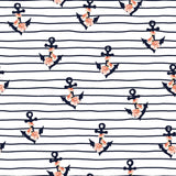 Baumwolljersey Stoff "Dina" Blütenanker, weiß mit lachsfarbenen Blüten, alten Ankern und Streifen