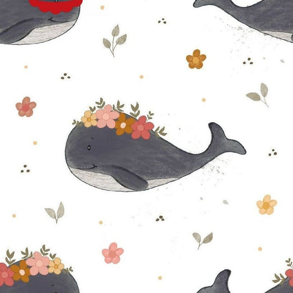 Baumwolljersey Stoff mit Wal und Blumenkranz auf hellem Untergrund | Fräulein von Julie