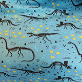 Baumwolljersey Stoff Druck schwarze Dinosaurier Skelette auf hellblau