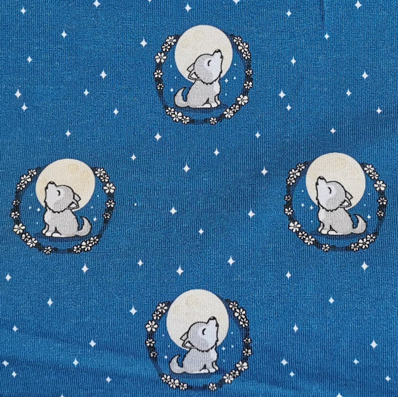Bauwolljersey Stoff Druck quot;Moonwalkerquot; - Wolf, Vollmond blauer Hintergrund | Fräulein von Julie