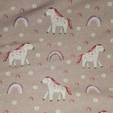 Reststück: Baumwolljersey Druck "Manuel" Pferd mit Regenbogen, Blumen auf altrosafarbenem Hintergrund; ca. 0,5m