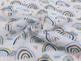 Baumwoll Musselin Stoff Druck "Happy Rainbows" bunt/regenbogenfarben