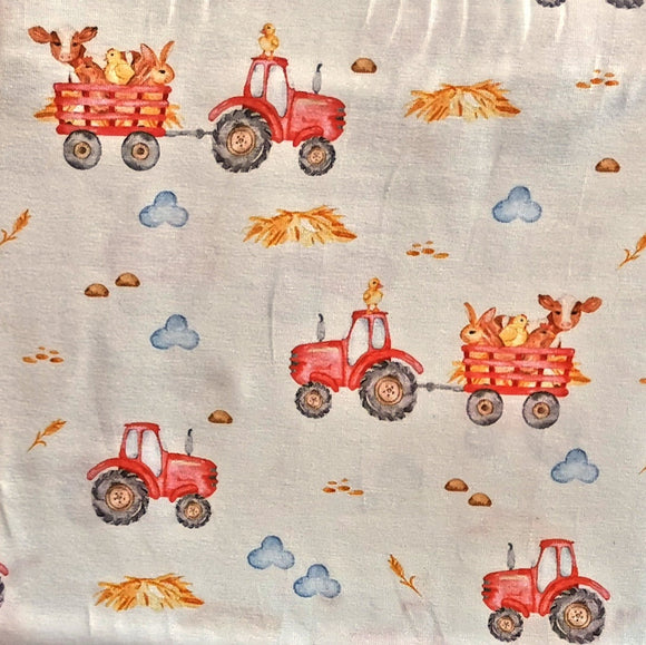 Baumwolljersey Druck roter Traktor mit Bauernhoftieren auf weißem Hintergrund | Fräulein von Julie