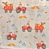 Baumwolljersey Druck roter Traktor mit Bauernhoftieren auf weißem Hintergrund | Fräulein von Julie