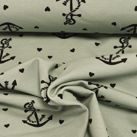 maritimer French Terry Stoff mit Ankern auf mintgrünen Hintergrund | Fräulein von Julie