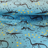Baumwolljersey Stoff Druck schwarze Dinosaurier Skelette auf hellblau