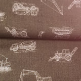 Musselin Druck "Jörn" weiße Baustellenfahrzeuge auf olivgrün
