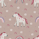 Reststück: Baumwolljersey Druck "Manuel" Pferd mit Regenbogen, Blumen auf altrosafarbenem Hintergrund; ca. 0,5m