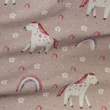 Reststück: Baumwolljersey Druck "Manuel" Pferd mit Regenbogen, Blumen auf altrosafarbenem Hintergrund; ca. 0,5m