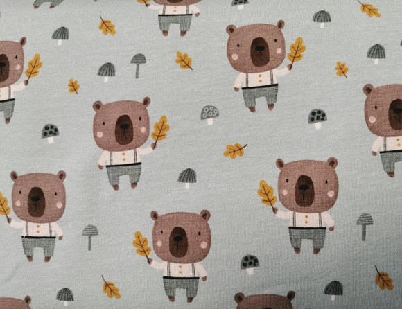 French Terry Bär/Teddy mit Eichenlaubblatt auf mintgrünem Hintergrund | Fräulein von Julie