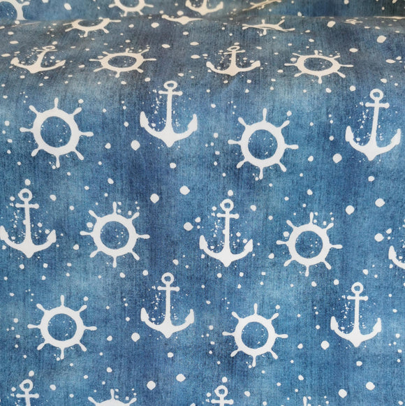 maritimer angerauter French Terry Stoff - Steuerrad und Anker Jeans Optik