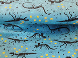 Baumwolljersey Stoff Druck schwarze Dinosaurier Skelette auf hellblau