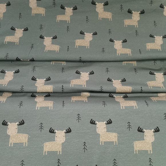 Baumwolljersey Druck kleiner Hirsch / kleines Rentier auf dunkel petrol farbenem Hintergrund | Fräulein von Julie