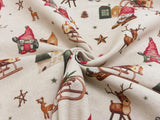 Reststücke Deko Stoff Druck Weihnachten Wichtel Schlitten Häuser Sterne Rehe; ca. 0,5m